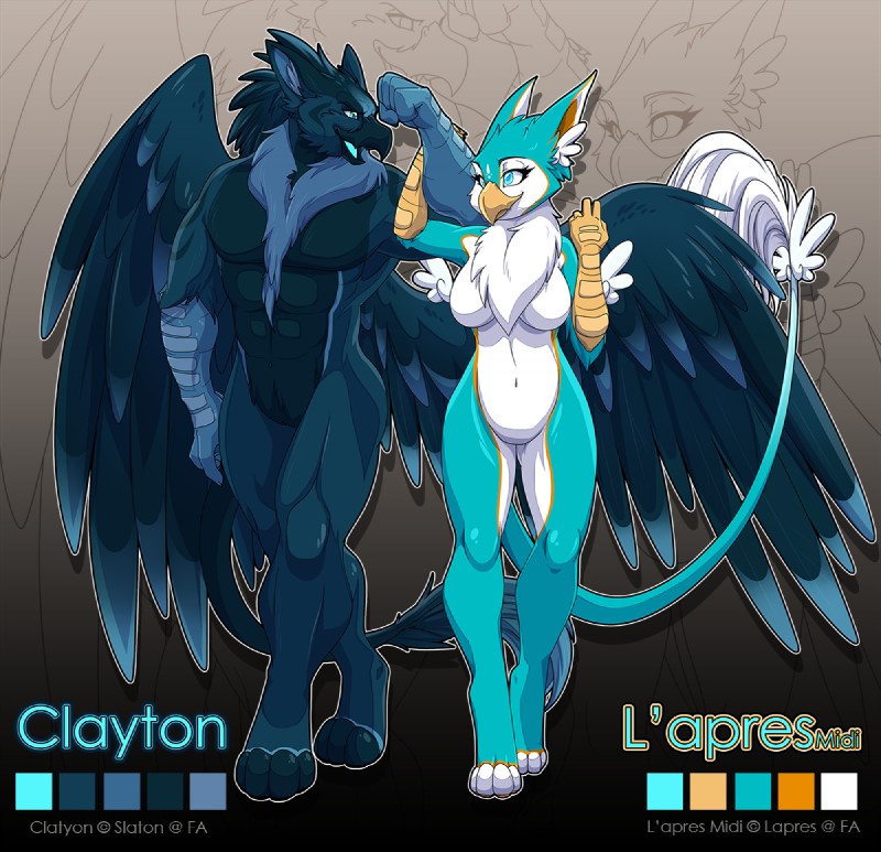 anthro beak breasts duo feathered_wings feathers featureless_breasts female flexing male non-mammal_breasts tail wings lapres mythology clayton avian gryphon mythological_avian mythological_creature