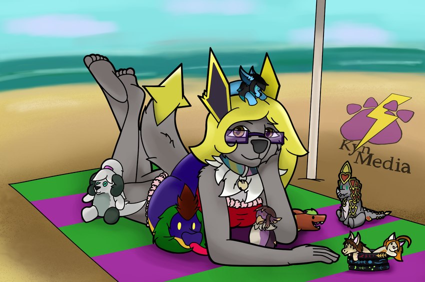 beach beach_towel clothing collar dress eyewear female glasses holidays outside plushie solo towel toy kynmedia nintendo pokemon kyn_skyther canid canine canis eeveelution generation_1_pokemon hybrid jolteon mammal pokemon_(species) wolf hi_res