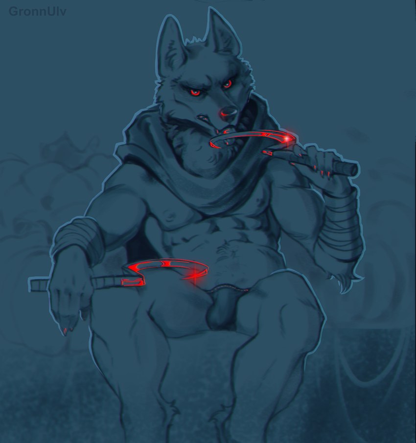 anthro arm_wraps black_clothing black_nose black_panties black_underwear bulge cloak clothing detailed_bulge dual_weapon dual_wielding dual_wielding_melee_weapons genital_outline holding_object holding_weapon licking_weapon looking_at_viewer male monotone_background muscular panties penis_outline red_eyes sickle sitting solo underwear weapon wraps gronnulv dreamworks puss_in_boots_(franchise) death_(puss_in_boots) canid canine canis mammal wolf sketch