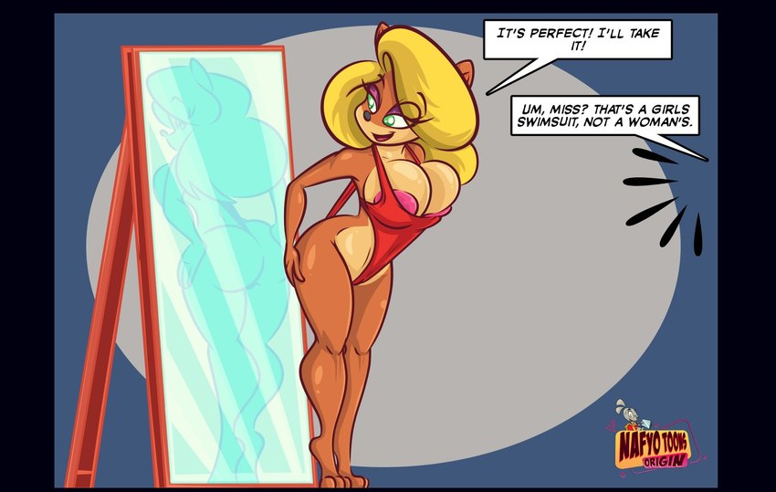 anthro areola barefoot blonde_hair clothing eyeshadow feet female hair lipstick logo long_hair makeup mirror navel one-piece_swimsuit solo swimwear text tight_clothing tight_swimwear nafyo-toons activision crash_bandicoot_(series) boga_squeak tawna_bandicoot bandicoot mammal marsupial mouse murid murine rodent artist_logo english_text hi_res