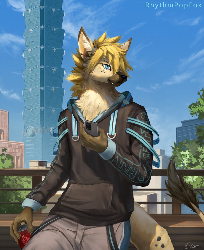 anthro beverage_can biped black_clothing black_hoodie black_nose black_topwear blue_eyes blue_sky bottomwear brown_body brown_fur building cellphone city clothed clothing cloud day detailed_background detailed_fur electronics fully_clothed fur holding_cellphone holding_object holding_phone hoodie inner_ear_fluff light male outside pants phone sky skyscraper smile solo taipei_101 tan_body tan_fur topwear tuft rhythmpopfox rareel hyena mammal spotted_hyena 2021 artist_name detailed digital_media_(artwork) digital_painting_(artwork) half-length_portrait hi_res lighting portrait shaded signature