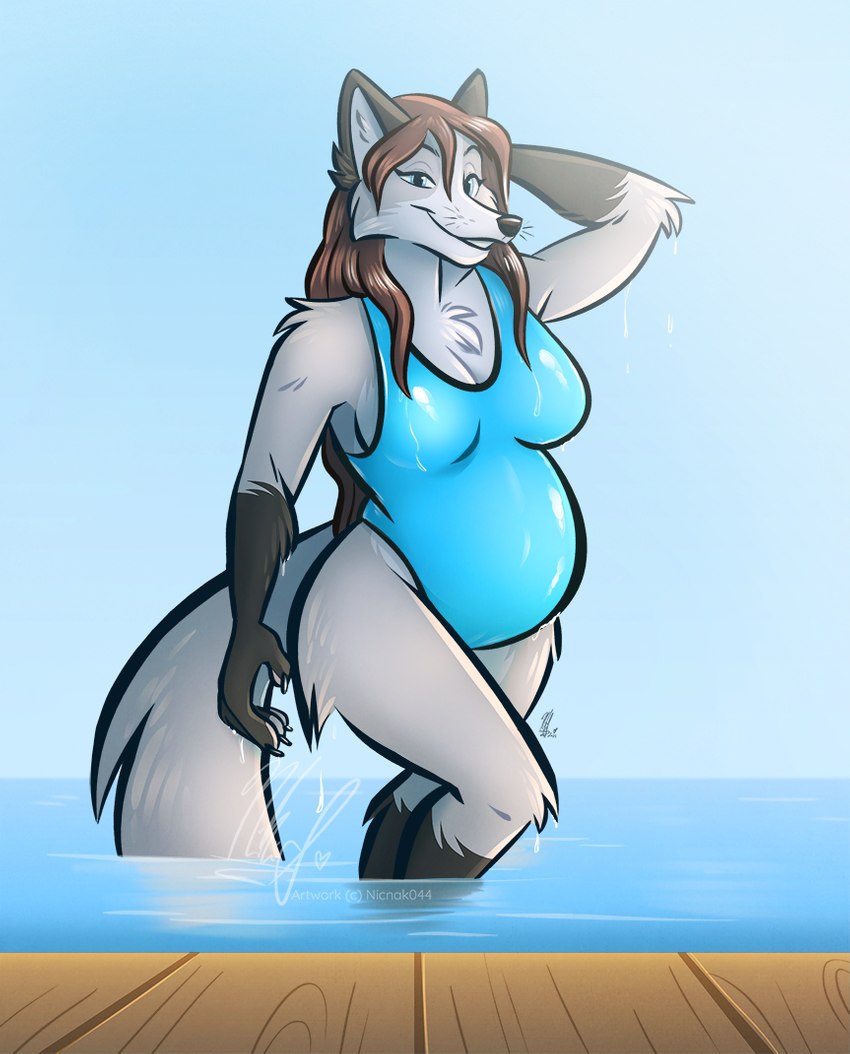 anthro arm_by_side belly bent_arm bent_leg big_belly cheek_tuft chest_tuft claws clothing facial_tuft female finger_claws foot_in_water fur gloves_(marking) inner_ear_fluff leg_in_water leg_markings markings on_one_leg one-piece_swimsuit partially_submerged pose pregnant raised_arm raised_foot socks_(marking) solo standing standing_in_water straight_arm straight_leg submerged_leg swimwear tuft wet wet_body wet_fur whisker_spots whiskers nicnak044 casidhevixen casidhe arctic_fox canid canine canis fox mammal true_fox pinup portrait three-quarter_portrait