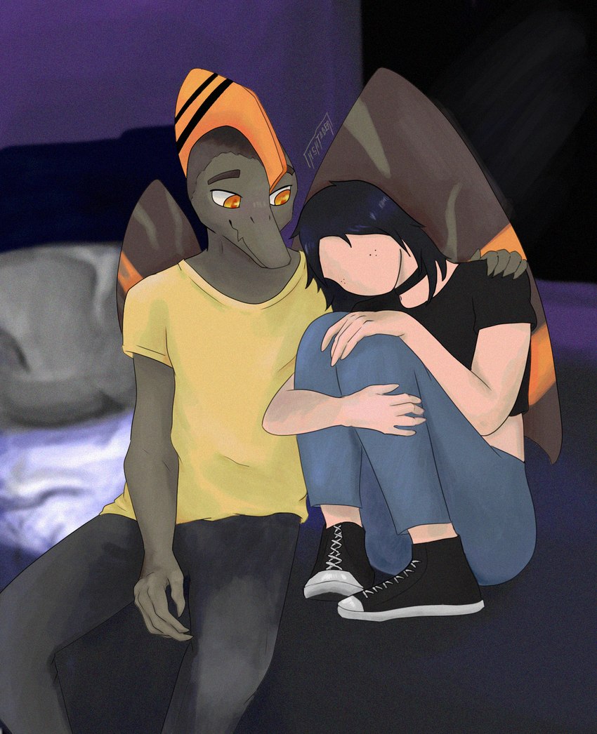 5_fingers anthro bedding bedroom bent_legs biped black_clothing black_crop_top black_hair black_shirt black_topwear blanket bottomwear brown_body brown_scales choker clothed clothed_anthro clothed_female clothed_human clothed_male clothing crop_top crossgender denim denim_bottomwear denim_clothing duo female fingers freckled_face freckles front_view grey_bottomwear grey_clothing grey_pants hair hand_on_shoulder happy human_on_anthro humanoid_hands inside interspecies jeans jewelry long_hair looking_at_another male male/female markings mtf_crossgender multicolored_body multicolored_scales necklace orange_body orange_eyes orange_scales pants pillow romantic romantic_couple scales shirt short_hair side_hug sitting smile striped_markings stripes text topwear two_tone_body two_tone_scales using_wings wing_hug wings yellow_clothing yellow_shirt yellow_topwear ashtober cavemanon_studios converse goodbye_volcano_high snoot_game anon_(snoot_game) naser_(gvh) human mammal prehistoric_species pterodactylus pterosaur reptile scalie artist_name colored hi_res