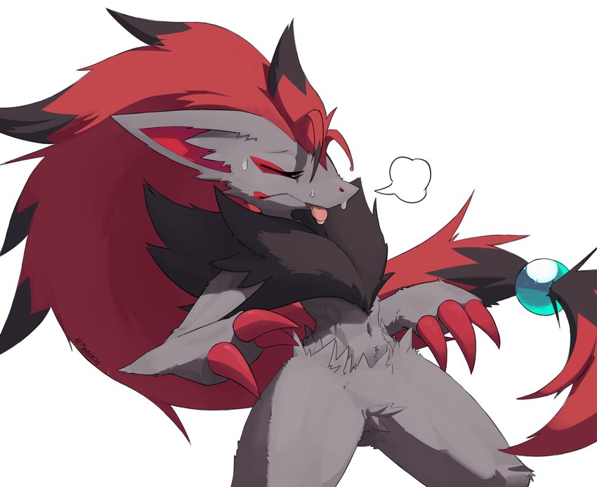 anthro arm_tuft black_body black_fur black_hair blep bodily_fluids breath chest_tuft claws crotch_tuft elbow_tuft eyebrows eyelashes featureless_crotch female finger_claws fluffy fluffy_chest fluffy_hips fluffy_mane fur grey_body grey_fur hair inner_ear_fluff long_hair multicolored_body multicolored_fur multicolored_hair navel pink_tongue pointy_ears prick_ears red_body red_fur red_hair ruff simple_background small_waist snout solo standing sweat three-quarter_view tongue tongue_out tuft two_tone_hair white_background maxigib nintendo pokemon canid canine generation_5_pokemon mammal pokemon_(species) zoroark 2024 digital_media_(artwork) portrait signature three-quarter_portrait