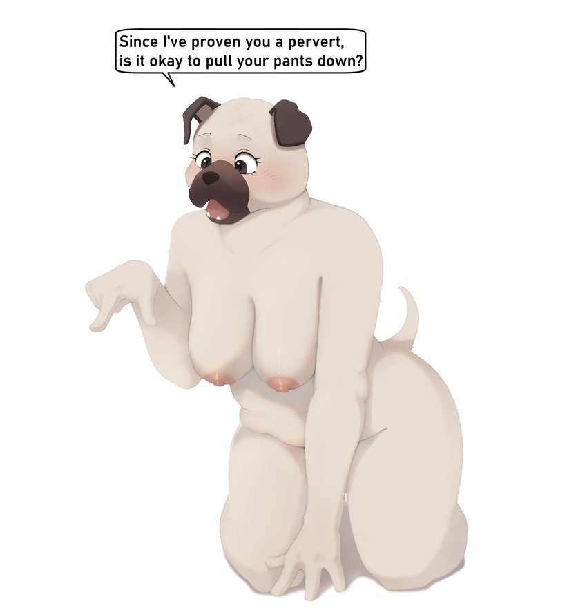 all_fours anthro big_breasts breasts dialogue female floppy_ears front_view kneeling nude open_mouth short_tail simple_background slightly_chubby slightly_chubby_anthro slightly_chubby_female solo speech_bubble tail text tongue white_background bfkitsu1550 canid canine canis domestic_dog mammal molosser pug small_molosser toy_dog hi_res