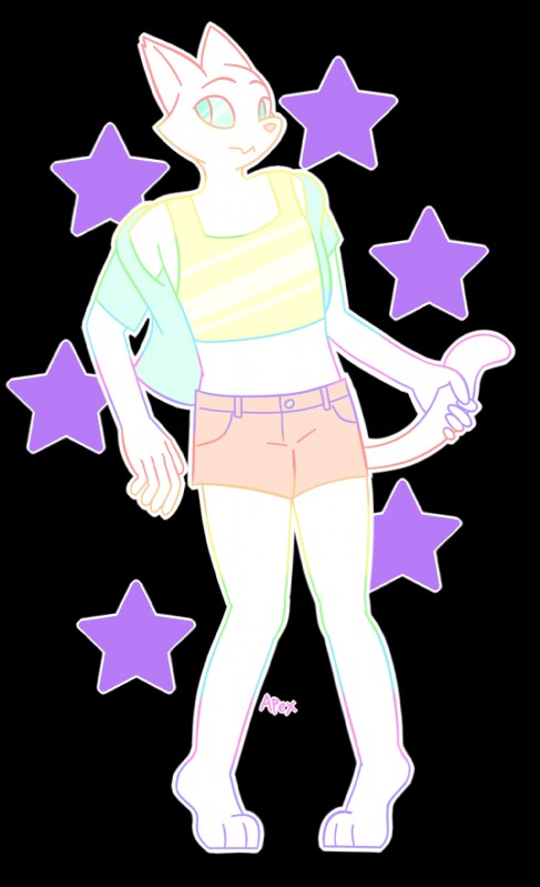 ambiguous_gender anthro bottomwear clothing fur pattern_background rainbow shorts simple_background solo star star-shaped_background transparent_background white_body white_fur apex_(artist) domestic_cat felid feline felis mammal 2015 alpha_channel hi_res