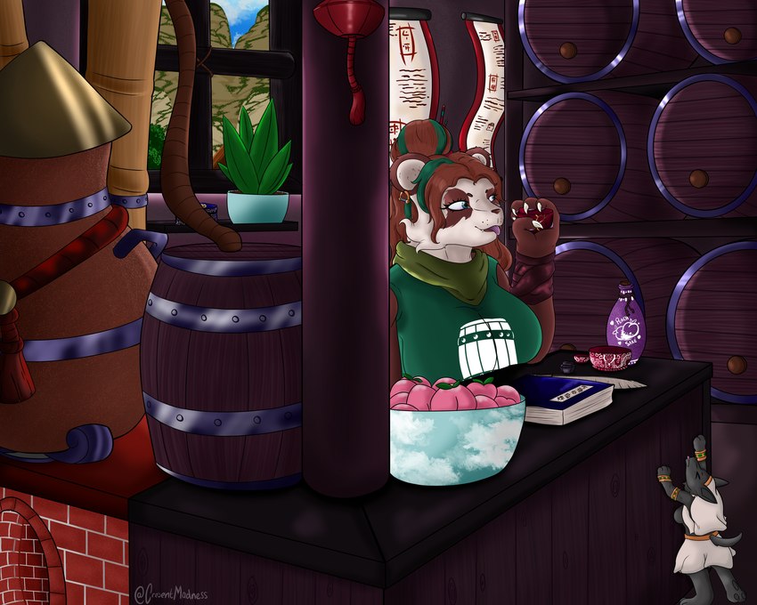 anthro barrel beverage brewery brewing clothed clothing duo female female/female inside licking licking_lips tasting tongue cresentmadness blizzard_entertainment warcraft shuskut_(skabberzz) sohyonji_lotusbrew_(skabberzz) bear canid canine canis giant_panda jackal mammal pandaren 5:4 absurd_res hi_res