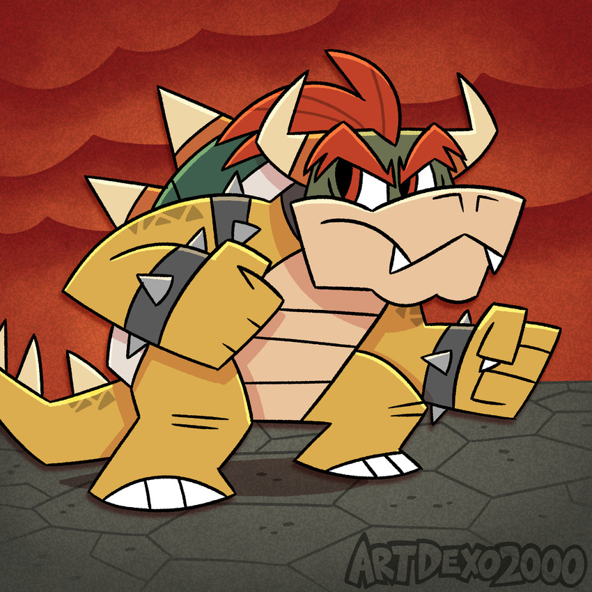 2_horns anthro clothing hair horn male outline red_hair scales shell solo spiked_shell spikes spikes_(anatomy) toony yellow_body yellow_scales artdexo2000 mario_bros nintendo bowser koopa reptile scalie 1:1 absurd_res hi_res