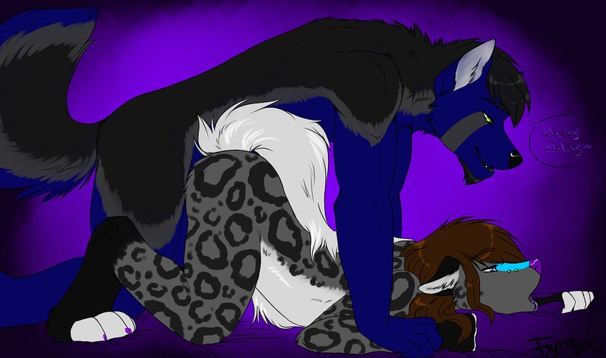 abstract_background all_fours ambiguous_anthro ambiguous_gender ambiguous_penetrated ambiguous_penetration anthro anthro_on_anthro arm_markings ass_up bent_arm bent_legs black_body black_ears black_fur black_hair black_nose blue_body blue_eyes blue_fur blue_markings blue_piercing bridge_piercing brown_hair claws countershade_torso countershading dialogue doggystyle duo ears_down facial_hair facial_markings facial_piercing feet female female_on_bottom fingerless_(marking) from_behind_position fur goatee green_eyes grey_body grey_fur grey_inner_ear grey_markings hair half-closed_eyes hand_on_wrist head_markings leg_markings leopard_spots lying male male/ambiguous male_anthro male_on_top male_penetrating male_penetrating_ambiguous markings mottled_tongue multicolored_tongue narrowed_eyes nose_piercing nude_ambiguous nude_anthro nude_male on_bedding on_bottom on_front on_top open_mouth outline_speech_bubble paws penetration piercing pivoted_ears purple_background purple_claws purple_nose purple_tongue raised_tail sex simple_background socks_(marking) speech_bubble spots tail tear_(marking) toe_claws toeless_(marking) tongue two_tone_tongue white_body white_countershading white_fingers white_fur white_inner_ear white_tail white_toes flynx-flink flynx legionwolfe canid mammal digital_media_(artwork)