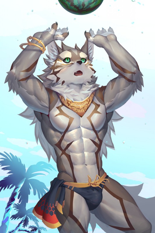 5_fingers abs anthro beach bracelet briefs bulge claws clothing countershading fingers food fruit green_eyes hair jewelry long_hair male mane mane_hair melon muscular muscular_anthro muscular_male navel palm_tree pecs plant seaside solo speedo sport standing swimwear tree underwear volleyball watermelon ty_arashi lifewonders tokyo_afterschool_summoners seth_(tas) canid canine canis jackal mammal 2019 2:3 absurd_res hi_res