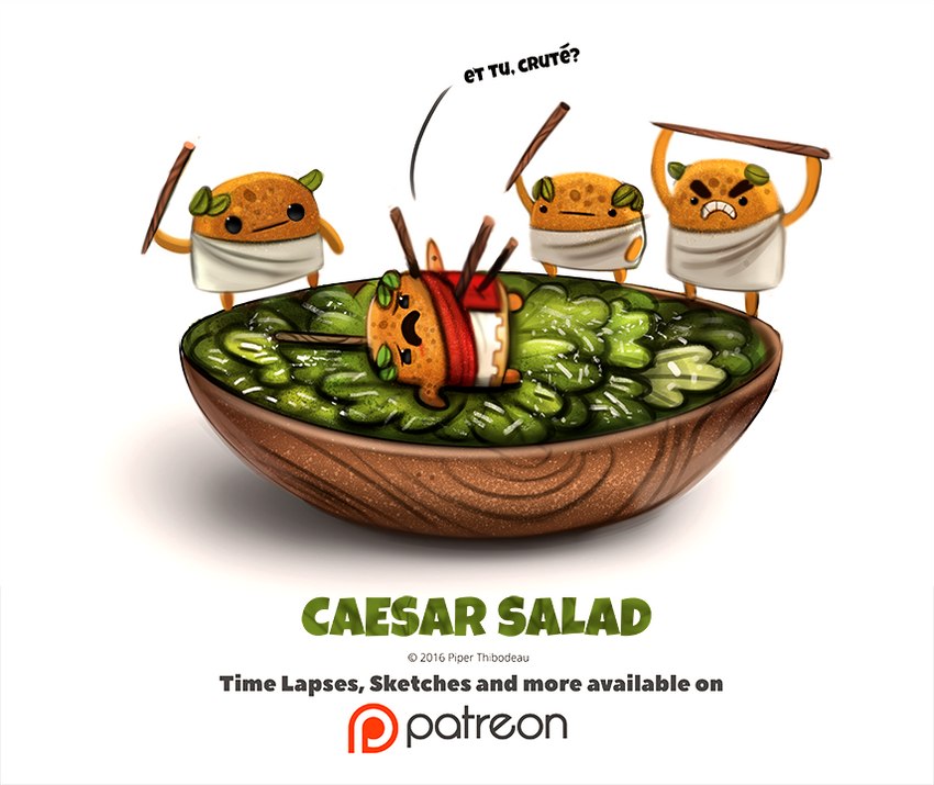 angry anthro beady_eyes bowl caesar_salad clothing container crouton dialogue dot_eyes dying food group humor laurel_wreath lettuce male open_mouth orange_body patreon_logo plant pun salad simple_background stake text toga toothpick vegetable visual_pun white_background piper_thibodeau patreon gaius_julius_caesar marcus_junius_brutus food_creature 2016 digital_media_(artwork) digital_painting_(artwork) english_text latin_text translation_request url