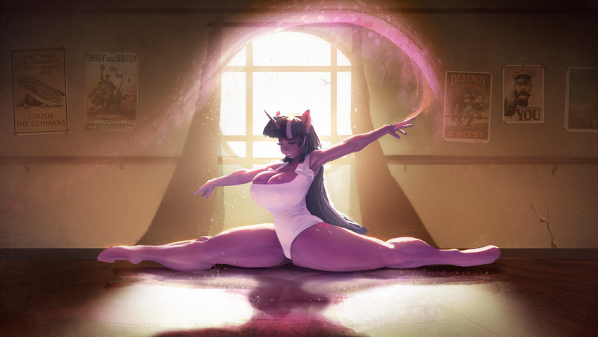 anthro big_breasts breasts cleavage clothed clothing female flexible horn inside leotard poster solo splits spread_legs spreading window maarthul friendship_is_magic hasbro my_little_pony mythology twilight_sparkle_(mlp) equid equine mammal mythological_creature mythological_equine unicorn hi_res