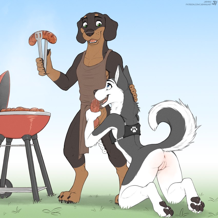 4_toes anthro anus apron apron_only black_body black_fur blue_eyes bottomless brown_body brown_fur claws clothed clothing cooking_tongs crop_top crop_top_only day digitigrade duo eye_contact feet female female_anthro flat_chested food fur genitals grass green_eyes grill hand_on_head happy kitchen_utensils kneeling_oral_position leg_grab looking_at_another looking_at_partner looking_down looking_down_at_partner looking_up looking_up_at_partner male male/female meat multicolored_body multicolored_fur open_mouth outside_sex pawpads paws penis penis_grab plant pussy sausage sex shirt standing tail text toe_claws toes tongs tongue tools topwear topwear_only white_body white_fur jishinu hana_(jishinu) canid canine canis dachshund domestic_dog hunting_dog husky mammal nordic_sled_dog spitz 1:1 2023 hi_res url