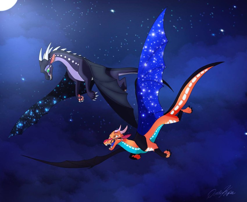 duo female feral flying happy male male/female tail queenkopa mythology wings_of_fire draven_(dravendergen) moonwatcher_(wof) dragon hybrid mudwing_(wof) mythological_creature mythological_scalie nightwing_(wof) scalie seawing_(wof)