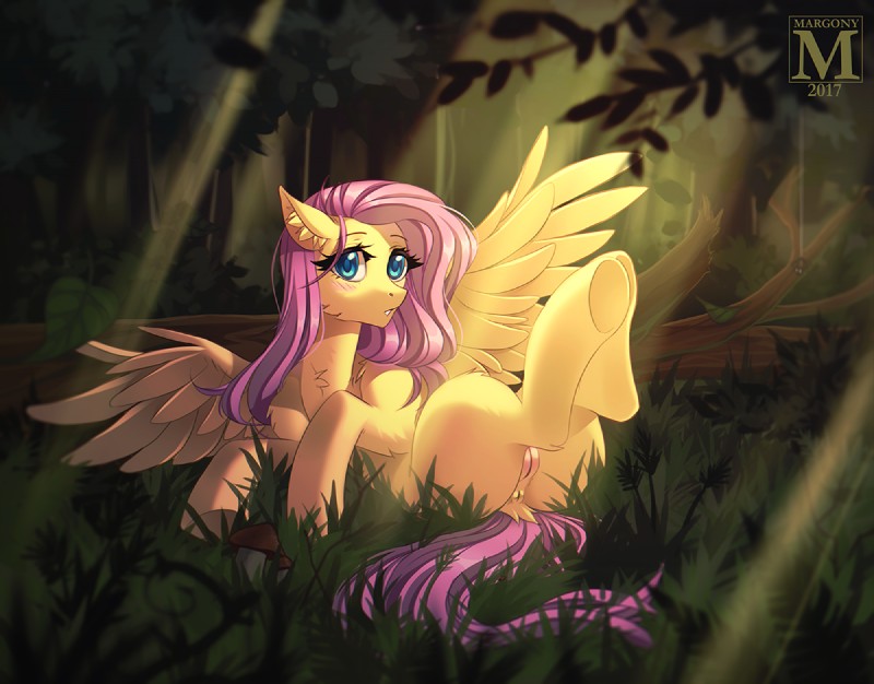 blue_eyes detailed_background eyelashes feathered_wings feathers female feral fur genitals grass hair hooves legs_up outside pink_hair plant pussy solo wings yellow_body yellow_fur margony friendship_is_magic hasbro my_little_pony mythology fluttershy_(mlp) equid equine mammal mythological_creature mythological_equine pegasus digital_media_(artwork) shaded