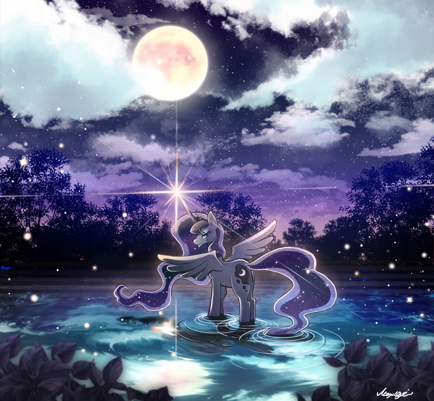 bright_light cloud crown cutie_mark female feral flowing_hair flowing_mane flowing_tail full_moon hair headgear horn leaf looking_at_viewer magic moon night night_time plant reflection ripples smile solo spread_wings tree walking_on_water water white_light wings namagakiokami friendship_is_magic hasbro my_little_pony mythology princess_luna_(mlp) equid equine mammal mythological_creature mythological_equine winged_unicorn