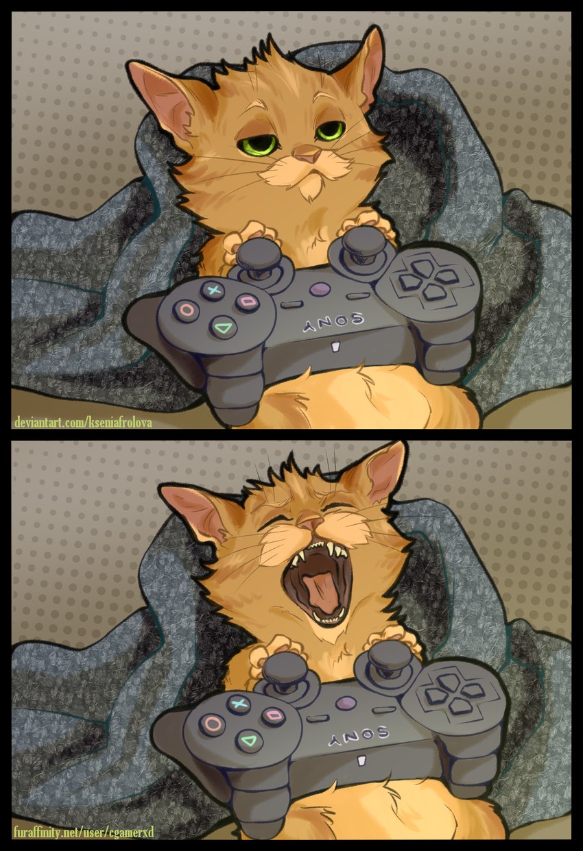 bedding blanket cheek_tuft controller eyes_closed facial_tuft fangs feral fur fuzzy game_controller green_eyes half-closed_eyes head_tuft lying male narrowed_eyes nude on_back open_mouth orange_body orange_fur pawpads playstation_controller relaxing resting simple_background solo teeth tired tongue tuft whiskers yawn cgamer dreamworks dualshock_3 playstation playstation_3 puss_in_boots_(franchise) sony_corporation sony_interactive_entertainment puss_in_boots_(dreamworks) domestic_cat felid feline felis mammal 2023 colored comic digital_media_(artwork) hi_res multiple_images watermark