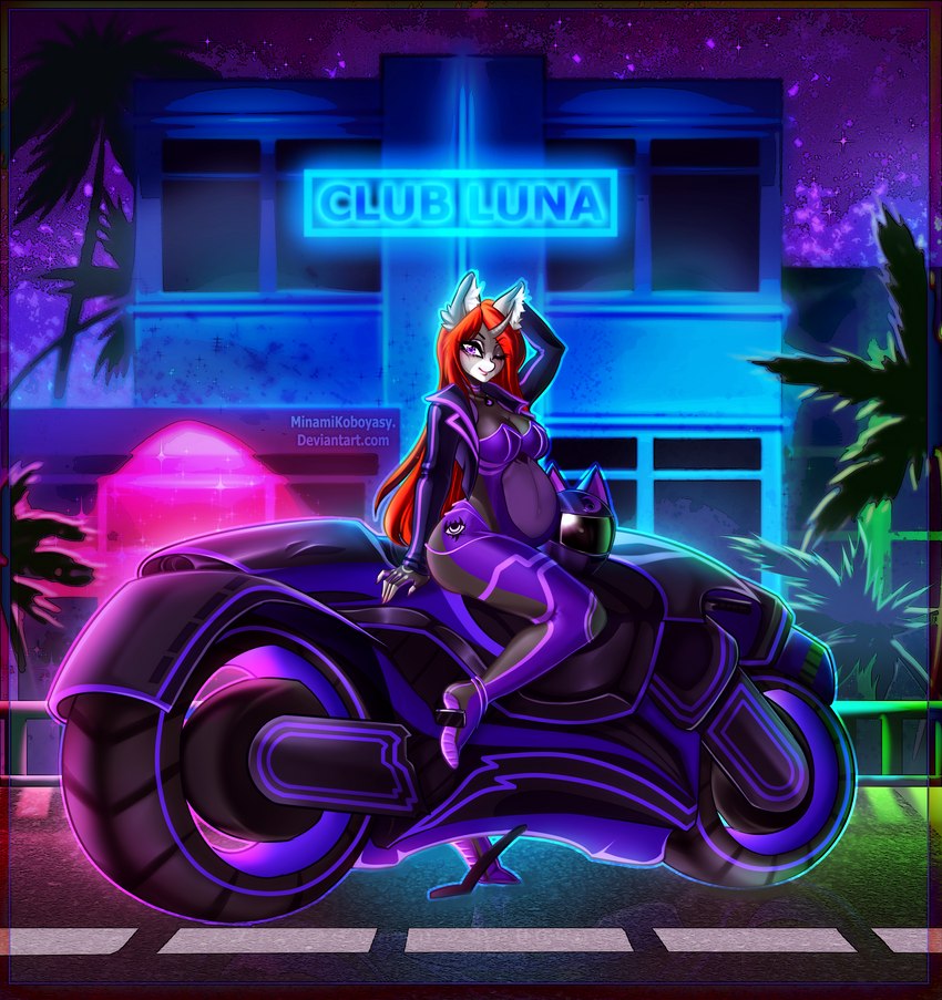 anthro armor building clothing cutie_mark female flowing_hair flowing_mane gloves hair hand_behind_head handwear headgear helmet horn inner_ear_fluff jacket jewelry looking_at_viewer markings motorcycle motorcycle_helmet necklace neon_lights neon_sign night nightclub one_eye_closed palm_tree plant plantigrade pregnant pregnant_anthro pregnant_female road sign sky smile smiling_at_viewer snip_(marking) solo star starry_sky topwear tree tuft unicorn_horn vehicle window wink minamikoboyasy hasbro my_little_pony mythology selune_darkeye equid equine mammal mythological_creature mythological_equine unicorn absurd_res hi_res