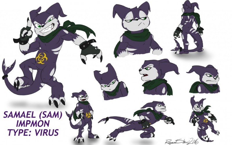 anthro expressions looking_at_viewer male open_mouth scarf smile solo teeth regentshaw bandai_namco digimon digimon_(species) impmon 16:10 multiple_images widescreen