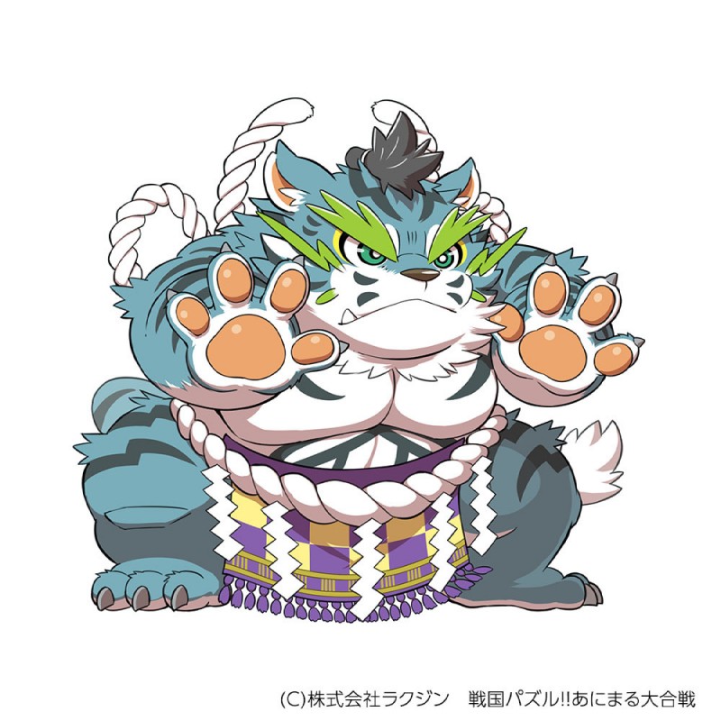 anthro asian_clothing belly blue_body blue_fur clothing cute_fangs east_asian_clothing fangs fringe_bottomwear fringe_clothing fringe_trim fur humanoid_hands japanese_clothing male mawashi overweight overweight_anthro overweight_male sagari simple_background solo sumo tassels teeth text white_background white_body white_fur kinoshita-jiroh sengoku_puzzle raiden_shin'emon felid mammal pantherine tiger 1:1 2019 japanese_text