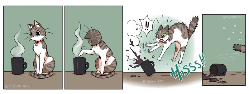 ambiguous_gender beverage coffee coffee_mug collar curious feral green_eyes hissing panicking paws raised_hackles scared sitting solo steam mikiko-art domestic_cat felid feline felis mammal comic digital_media_(artwork)