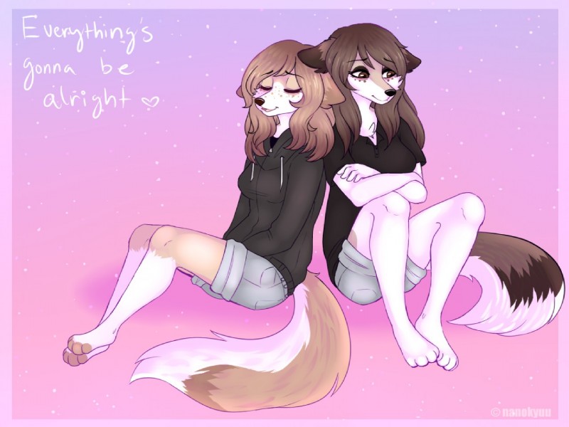 anthro clothed clothing duo female fur hair heart_symbol simple_background sitting smile text nanokyuu canid canine mammal 4:3 english_text