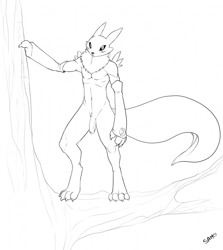 anthro athletic athletic_anthro athletic_male biped black_sclera flaccid foreskin fur genitals looking_at_viewer male outside pecs penis plant solo standing tree thunder-renamon bandai_namco digimon canid canine digimon_(species) mammal renamon black_and_white hi_res monochrome