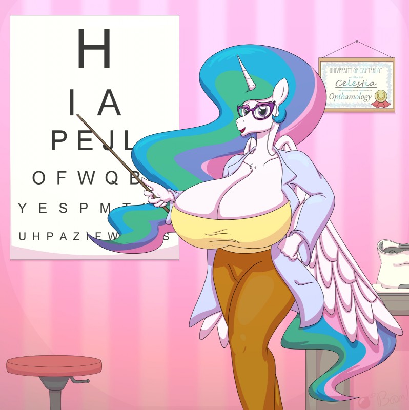 anthro big_breasts breasts certificate chart clothed clothing coat eye_chart eyewear feathered_wings feathers female glasses hair horn huge_breasts lab_coat looking_at_viewer multicolored_hair office purple_eyes smile solo topwear wings gunpowdergreentea friendship_is_magic hasbro my_little_pony mythology princess_celestia_(mlp) equid equine mammal mythological_creature mythological_equine winged_unicorn hi_res