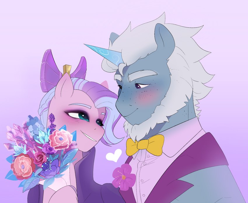 beard blue_eyes blush bouquet bow_tie clothing duo facial_hair female feral flower flower_bouquet grey_hair hair heart_symbol horn lapel_pin male multicolored_hair plant purple_hair two_tone_hair aztrial hasbro mlp_g5 my_little_pony mythology alphabittle_blossomforth_(mlp) queen_haven_(mlp) equid equine mammal mythological_creature mythological_equine unicorn hi_res