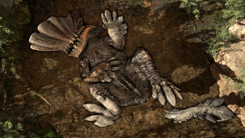 ambiguous_gender brown_body brown_scales claws detailed_background feral looking_at_viewer looking_up looking_up_at_viewer lying mud mud_bath mud_covered mud_puddle on_back on_ground open_mouth outside plant pupils raised_hand red_eyes scales slit_pupils solo spread_legs spreading tail teeth tongue ivorylagiacrus capcom monster_hunter barroth brute_wyvern scalie 16:9 2021 3d_(artwork) 4k absurd_res digital_media_(artwork) hi_res source_filmmaker_(artwork) widescreen