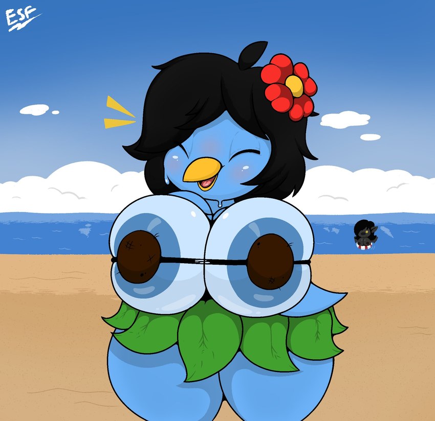 anthro beach big_breasts black_hair blue_body blue_fur bra breasts clothing duo female fur hair leaf_clothing outside seaside solo_focus underwear electricsnowfox avian bird penguin hi_res