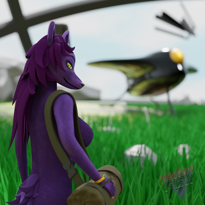 anthro blurred_background breasts buckle claws depth_of_field duffel_bag female fur gem grass hair jewelry long_hair o'neill_cylinder orbital_habitat plant pupils purple_body purple_fur purple_hair rock sky slit_pupils solo spacecraft square vehicle wristband yellow_eyes metropex when_we_were_real violet_(when_we_were_real) canid canine fox humanoid mammal optimod 1:1 3d_(artwork) absurd_res digital_media_(artwork) hi_res