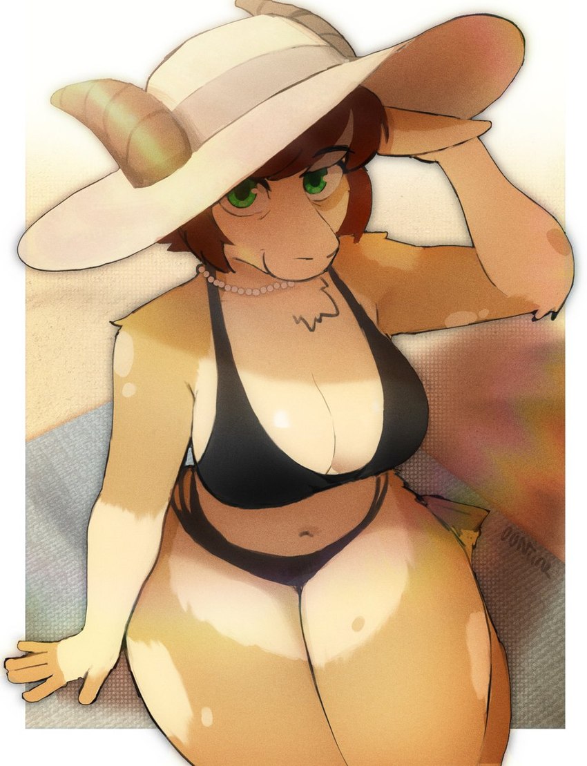 anthro beach beach_towel big_breasts bikini breasts brown_hair cleavage clothed clothing female fur gem green_eyes hair hat headgear headwear hooves jewelry kneeling looking_at_viewer necklace pearl_(gem) pearl_necklace smile solo sun_hat swimwear thick_thighs towel two-piece_swimsuit 00niine hannah_(ensodonut) bovid caprine goat mammal hi_res