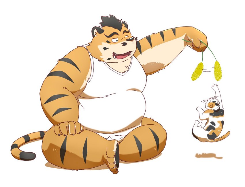 anthro belly big_belly clothing duo feral humanoid_hands kemono male overweight overweight_male shirt sitting topwear hon55728 domestic_cat felid feline felis mammal pantherine tiger 2022 hi_res