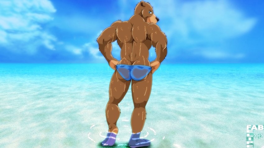 anthro biped black_nose blue_clothing blue_eyes blue_speedo blue_swimwear brown_body brown_fur butt closed_smile clothed clothing day fur looking_at_viewer looking_back looking_back_at_viewer male mouth_closed outside partially_submerged rear_view sea sky smile solo speedo speedo_only standing_in_water swimwear tailless topless water wet fabfelipe bear mammal 2012