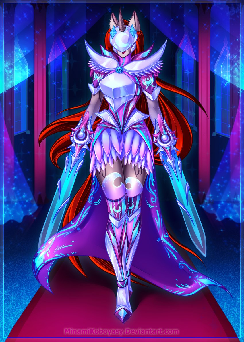 anthro armor armor_legs armor_pads armor_plates armored_boots blade blade_arm carpet cloak clothing coat_markings curtains cutie_mark female flowing_cape flowing_clothing flowing_hair flowing_mane flowing_tail gauntlet_blades gauntlets gauntlets_(weapon) gloves hair handwear horn inner_ear_fluff insignia iridescent iridescent_armor iridescent_sword looking_at_viewer markings melee_weapon moon plantigrade red_hair snip_(marking) solo sparkles sword translucent tuft unicorn_horn visor visor_helmet walking_towards_viewer weapon weapon_arm window minamikoboyasy hasbro my_little_pony mythology selune_darkeye equid equine mammal mythological_creature mythological_equine unicorn absurd_res hi_res