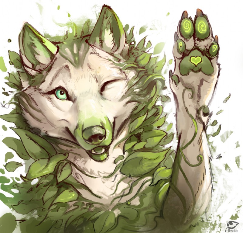 4_toes feet feral green_eyes leaf looking_at_viewer one_eye_closed pawpads paws quadruped simple_background smile solo toes white_background alectorfencer canid canine canis mammal wolf 2019 digital_media_(artwork)