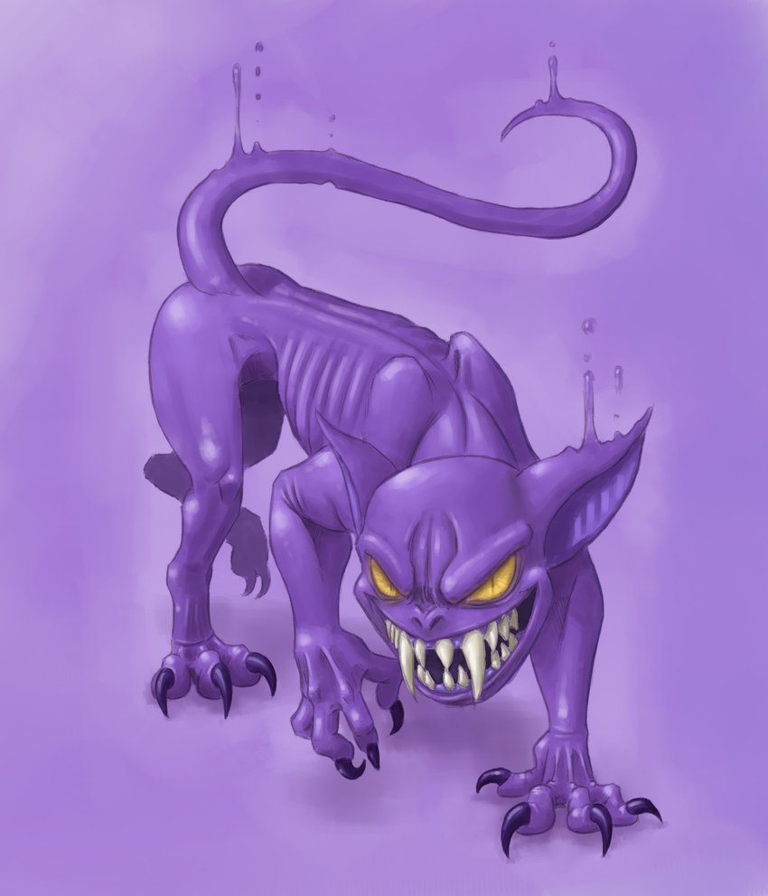 3_toes 4_fingers ambiguous_gender bent_legs claws fangs feet feral finger_claws fingers furrowed_brow gums light long_tail looking_at_viewer pupils purple_body purple_claws purple_gums purple_skin purple_tail simple_background slim slim_feral slit_pupils smile smiling_at_viewer solo tail teeth toe_claws toes toothy_grin yellow_eyes gorka_fujimoto_holgado goo_creature monster 2017 colored digital_drawing_(artwork) digital_media_(artwork) english_description hi_res lighting shaded