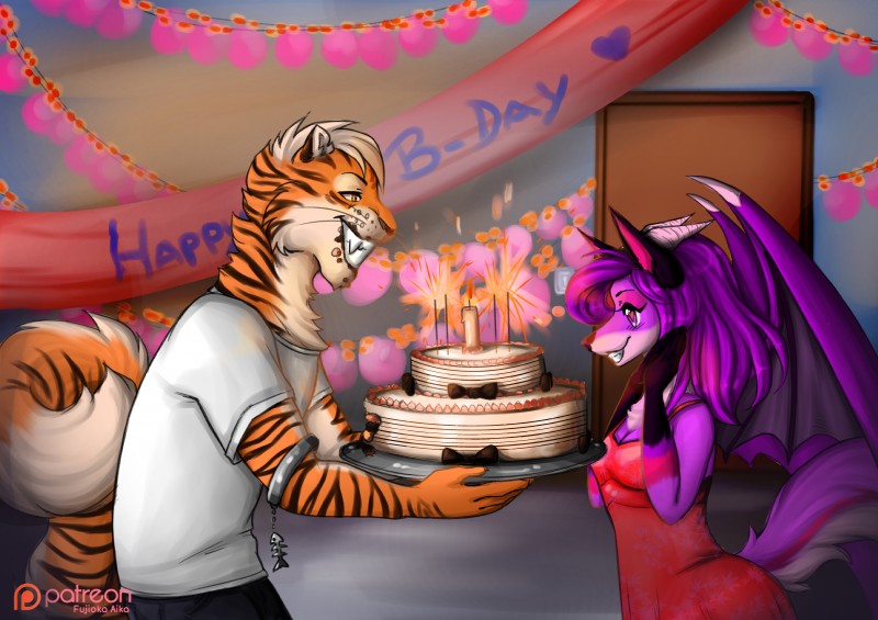 birthday cake clothed clothing dessert duo female food horn male surprise wings fujiokaaika canid canine felid fox mammal pantherine tiger absurd_res hi_res