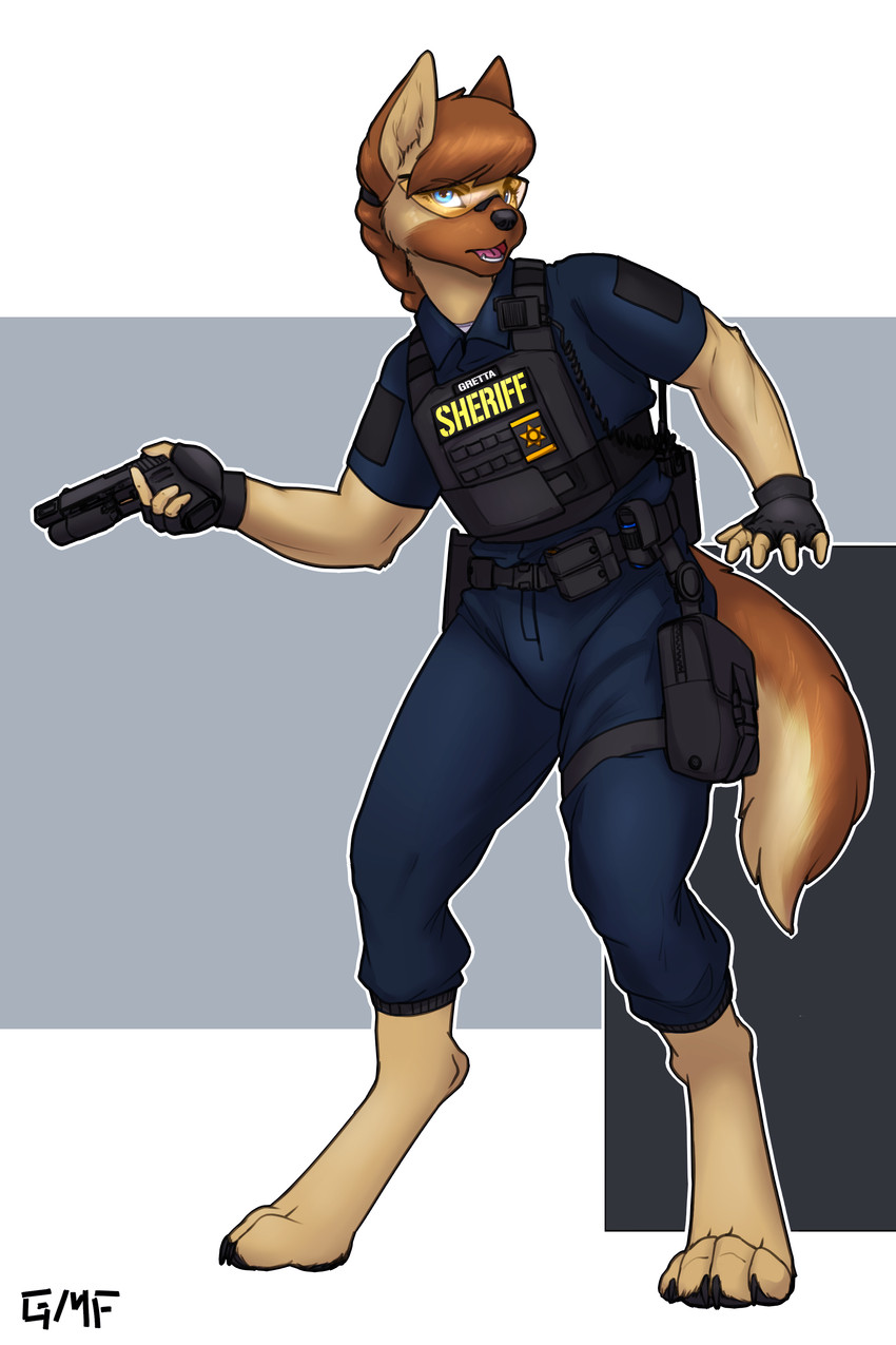 anthro armor athletic athletic_anthro athletic_female barefoot belt blue_eyes body_armor brown_hair clothed clothing digitigrade electronics eyewear feet female gun hair handgun holster pistol police police_uniform ponytail radio ranged_weapon solo uniform utility_belt weapon gasmaskfox gretta_(gasmaskfox) canid canine canis domestic_dog german_shepherd herding_dog mammal pastoral_dog 2:3 absurd_res hi_res