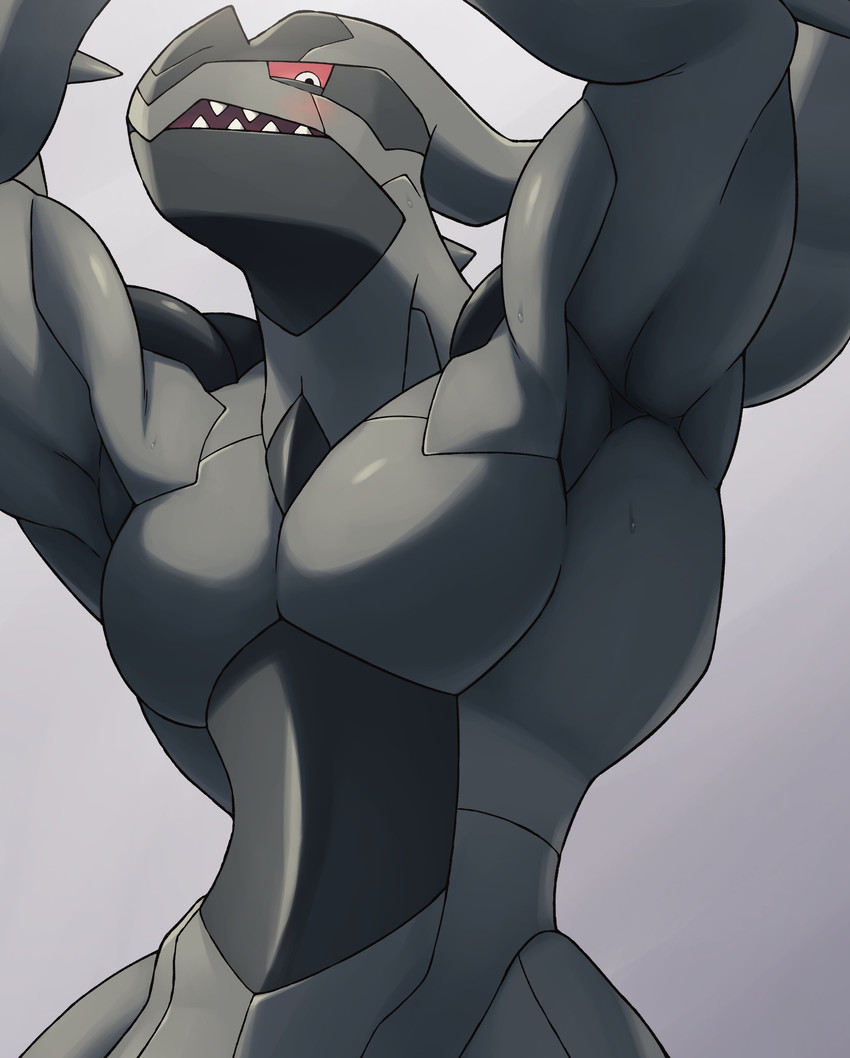 ambiguous_gender armpit_fetish black_body blush bodily_fluids gradient_background grey_body open_mouth pecs raised_arms red_sclera simple_background solo sweat teeth on_ice_(artist) nintendo pokemon generation_5_pokemon legendary_pokemon pokemon_(species) zekrom absurd_res hi_res