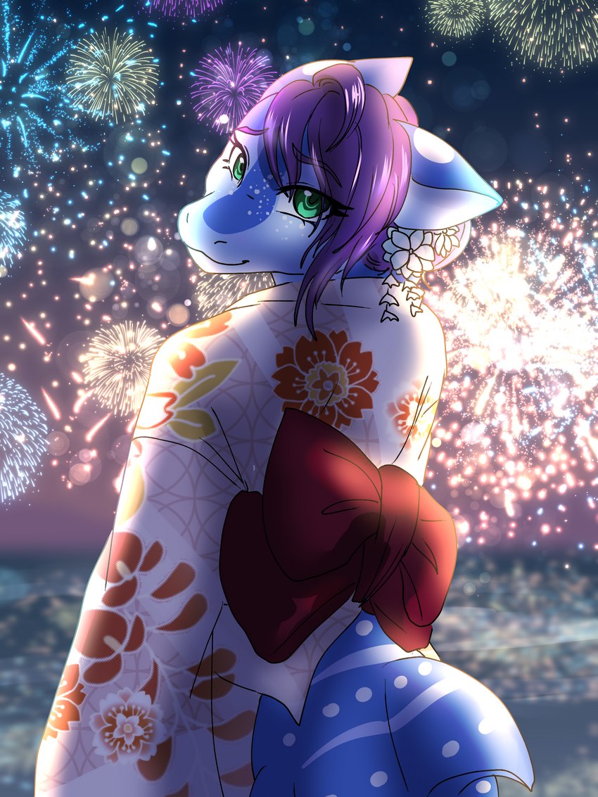 asian_clothing big_tail blue_body blue_skin clothing east_asian_clothing female fireworks flower_kimono green_eyes hair japanese_clothing kimono looking_at_viewer purple_hair smile solo tail white_body white_clothing white_kimono white_skin ketzel99 rigel_(1stsavagery) carpet_shark fish marine shark whale_shark 3:4 absurd_res hi_res