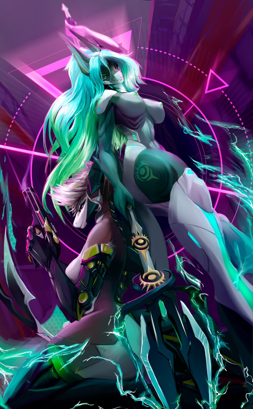 abstract_background anthro athletic athletic_female big_breasts black_sclera breasts duo electricity fangs female female/female fin green_body green_eyes gun hair hand_above_head holding_gun holding_object holding_ranged_weapon holding_weapon kneeling lance lightning long_hair looking_at_viewer melee_weapon midriff navel nipples non-mammal_breasts non-mammal_navel non-mammal_nipples nude polearm purple_eyes ranged_weapon side_boob sparks standing teeth thick_thighs weapon white_hair verolzy aurora_(kamikazekit) drark_(species) fish hybrid marine shark absurd_res hi_res