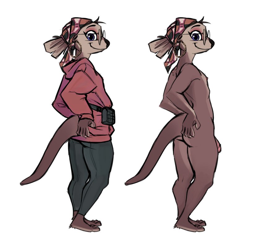 anthro barefoot brown_body brown_fur butt clothed clothing eyewear feet fully_clothed fur genitals glasses male mostly_nude penis simple_background smile solo standing tail white_background samur_shalem otterly_(character) mammal mustelid otter 2023 digital_media_(artwork) nonbinary_(lore)