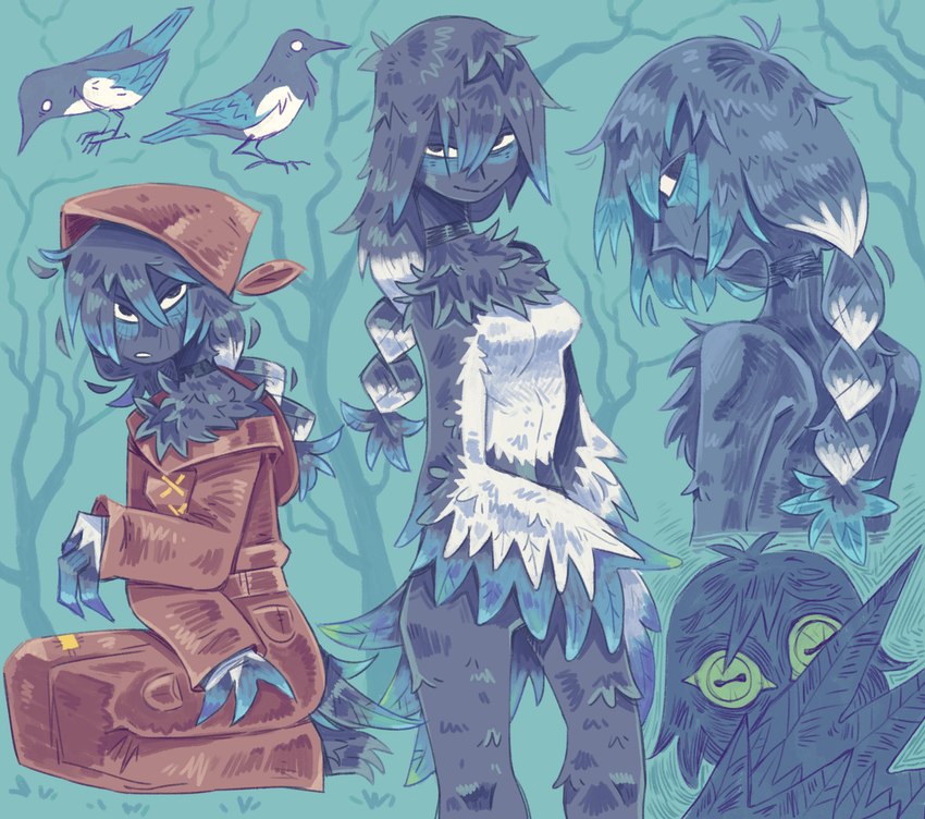 anthro avian_feet beak black_beak black_body black_choker black_clothing black_feathers black_hair black_jewelry black_necklace black_tuft blue_background blue_body blue_feathers braided_hair breasts brown_clothing brown_kerchief brown_rope choker clothing dead_tree feather_hair feathers featureless_breasts female feral green_eyes green_sclera hair horizontal_pupils jewelry kerchief kneeling long_hair looking_at_viewer looking_back looking_back_at_viewer magic_user multicolored_body multicolored_feathers neck_tuft necklace noseless nude patch_(fabric) plant pockets ponytail pseudo_hair pupils robe rope simple_background smile smiling_at_viewer solo standing transformation tree tuft white_body white_feathers winged_arms wings witch graskip avian bird corvid magpie_(corvid) oscine passerine 2024 colored hi_res shaded