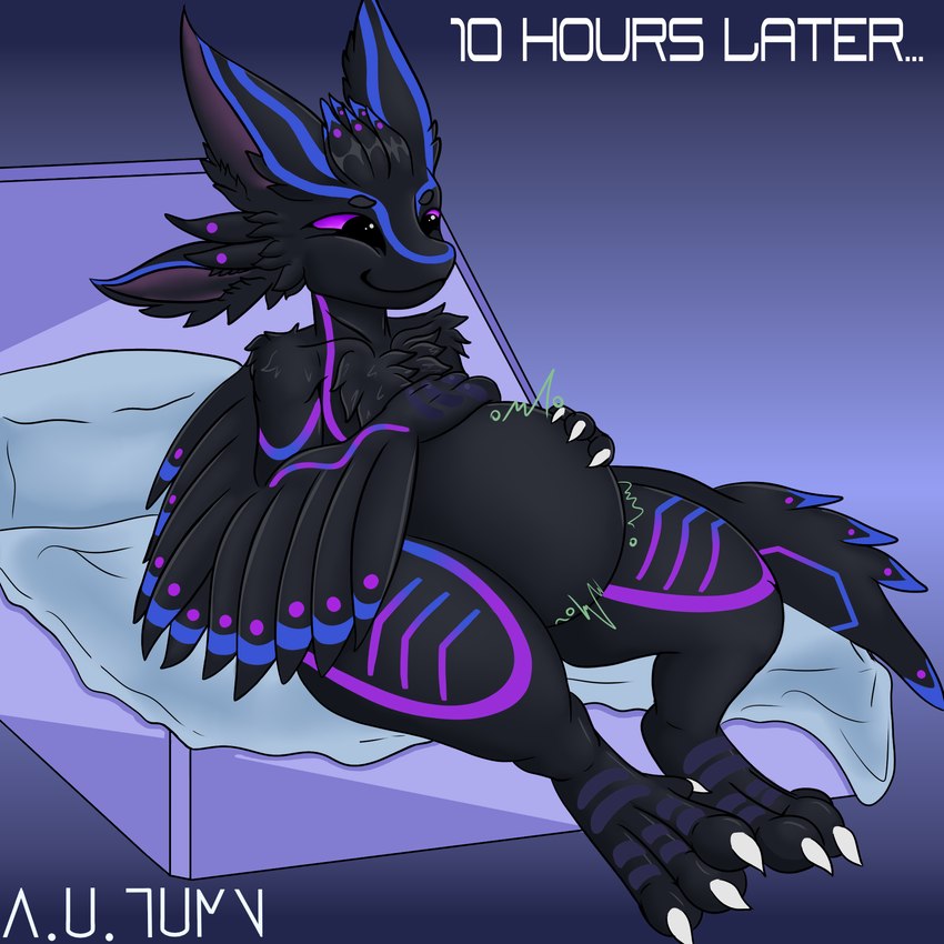 after_vore anthro bed belly black_body dark_body dark_fur digestion feathers fur furniture male purple_eyes rumbling_stomach solo vore weight_gain a.u.tumn avali 1:1 hi_res