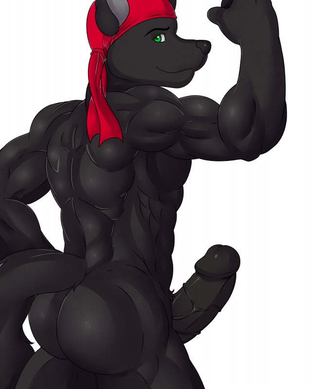 abs anthro athletic back_muscles biceps big_muscles big_penis biped black_body black_fur black_penis butt clothing erection flexing fur genitals green_eyes headgear headkerchief headwear humanoid_genitalia humanoid_penis kerchief looking_back male muscular muscular_anthro muscular_male nude pecs penis pose presenting simple_background smile solo standing vein white_background blackbear lupine_assassin canid canine canis mammal wolf 2014 5:6 absurd_res hi_res