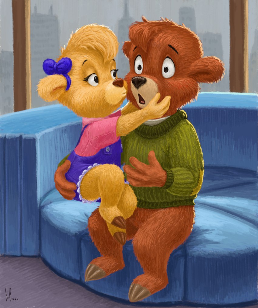 anthro black_nose blonde_hair bottomless brown_body brown_fur brown_nose claws clothed clothing duo female first_kiss fur hair kissing_cheek looking_at_another male male/female open_mouth sitting surprised tan_body tan_fur toe_claws young young_anthro young_female young_male hareluca disney talespin kit_cloudkicker molly_cunningham bear mammal 2023 absurd_res digital_drawing_(artwork) digital_media_(artwork) hi_res