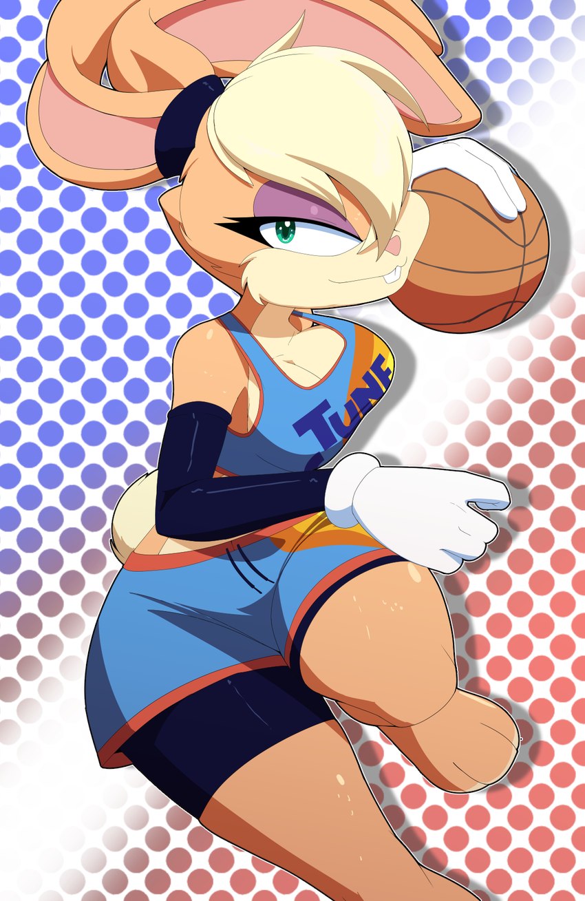 anthro ball basketball_(ball) basketball_uniform bottomwear clothing dotted_background female gradient_background hair hair_over_eye lidded_eyes one_eye_obstructed pattern_background shorts simple_background solo sportswear uniform kojiro-brushard looney_tunes space_jam space_jam:_a_new_legacy warner_brothers lola_bunny lagomorph leporid mammal rabbit 2021 hi_res