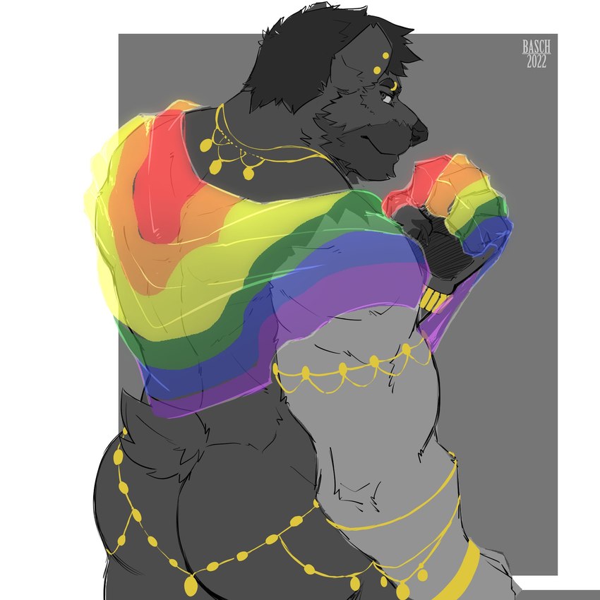 anthro armband barazoku big_butt big_muscles border bracelet butt ear_piercing eyebrow_piercing eyebrow_ring eyebrows facial_piercing fist flag fur gold_(metal) grey_background hair huge_muscles jewelry lgbt_pride looking_back male muscular muscular_anthro muscular_male necklace nude piercing pride_colors rainbow_flag rainbow_pride_colors rainbow_pride_flag rainbow_symbol rear_view ring_piercing simple_background six-stripe_rainbow_pride_colors smile solo standing thick_thighs tuft white_border basch pander_(lostpander) bear mammal 1:1 2022 hi_res signature